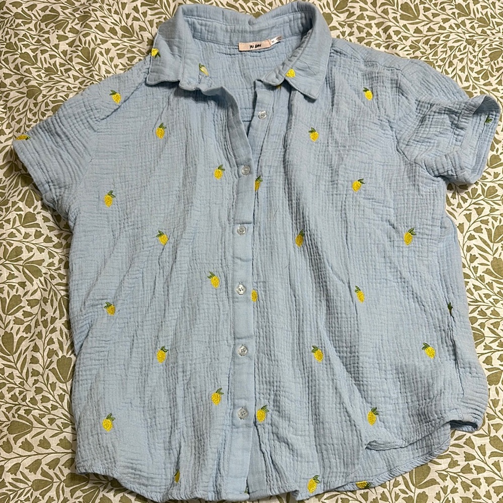 Light Blue Women’s Shirt with Pineapple Embroidery